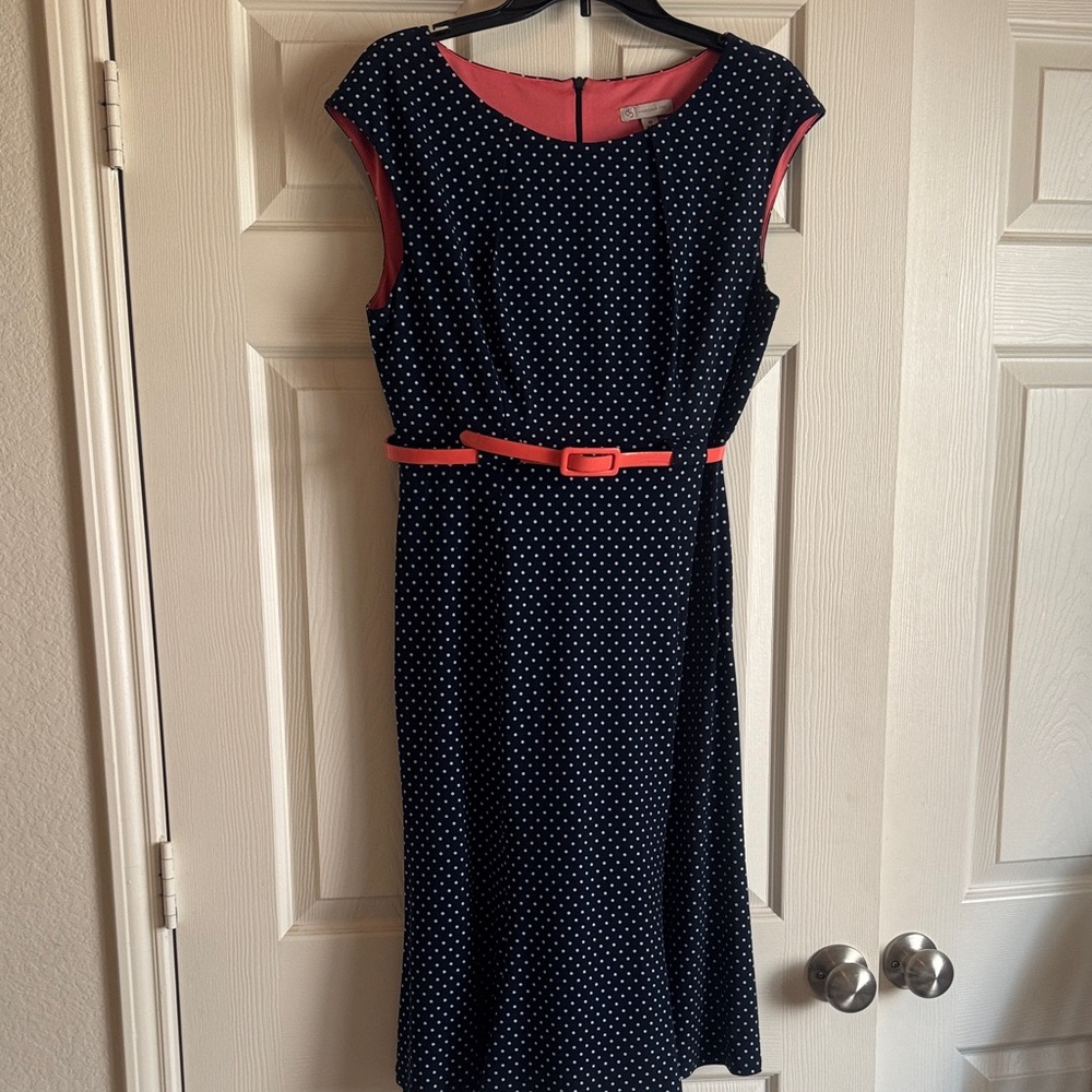 Navy Polka Dot Dress with  tangerine Accents